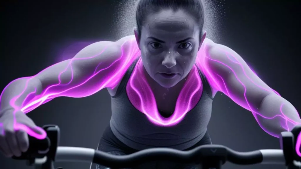 A dynamic image of a person mid-workout, sweating and pushing through a high-intensity exercise like cycling or running, with glowing effects around their body to symbolize fat burning and energy being used.