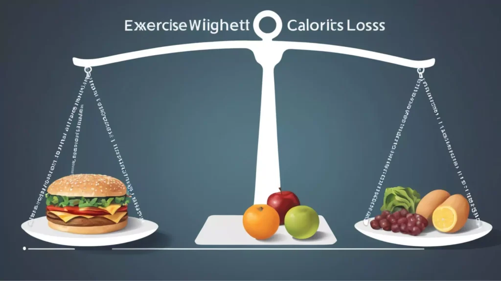 A diagram or visual breakdown of how exercise leads to weight loss, showing a balance scale with calories consumed on one side and calories burned on the other. Include symbols for food, exercise, and metabolism, emphasizing the energy balance equation.