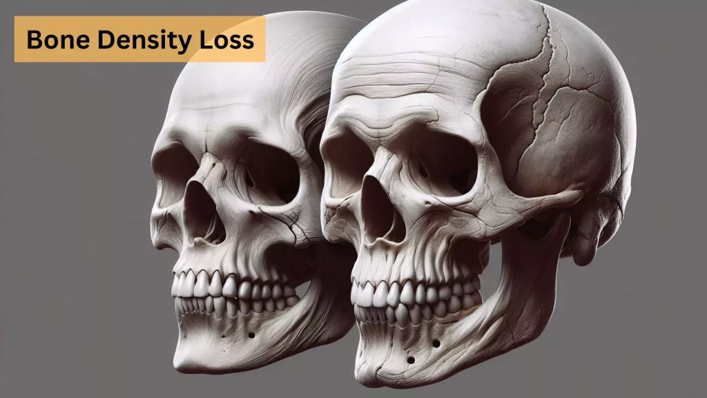 A comparison of two skulls—one representing a younger individual with a well-defined jawbone and another aged skull showing bone shrinkage, especially around the jawline. The younger skull has a strong, structured jaw, while the older skull looks smaller with more hollow features.