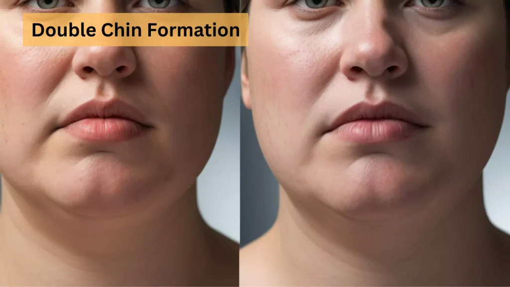 A realistic portrayal of a person with a double chin, caused by fat accumulation beneath the chin. The focus is on the lower face, showing the difference between a single, sharp jawline and a fuller, less defined jawline due to fat deposits.