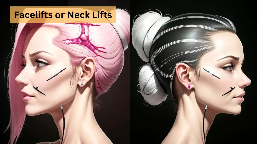 A diagram showing the surgical procedure of a facelift or neck lift. The left side of the face is sagging and loose, while the right side shows tightened skin with incisions marked along the hairline and behind the ears for a more youthful appearance.