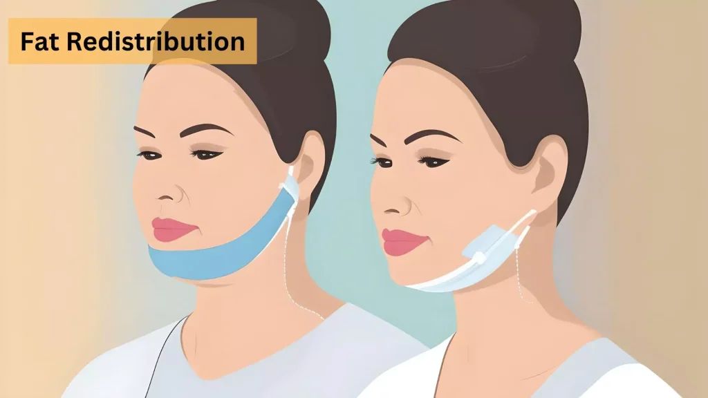  A side-by-side depiction of fat distribution in a youthful face vs. an older face. The younger face shows fat pads in the cheeks and jawline, giving a firm, lifted appearance. The older face has fat sagging towards the lower face and under the chin, creating jowls and a double chin.