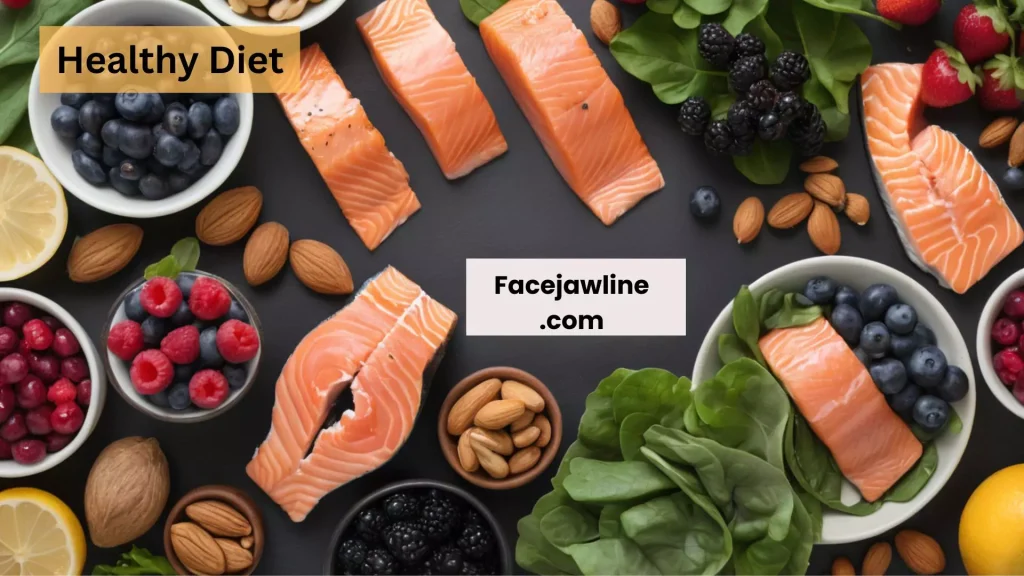 A vibrant spread of nutrient-rich foods like berries, leafy greens, salmon, and nuts on a table, with labels showing their benefits for skin health and elasticity. The background subtly emphasizes healthy, glowing skin and a youthful jawline.