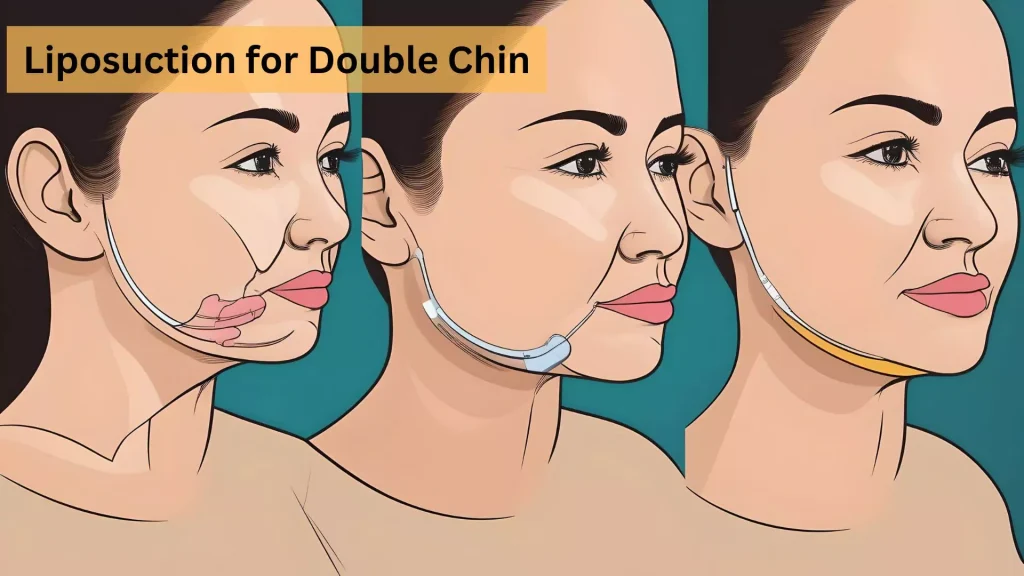 An illustration of a person undergoing liposuction for a double chin. The fat beneath the chin is being removed, with the post-procedure image showing a more defined and sharp jawline.