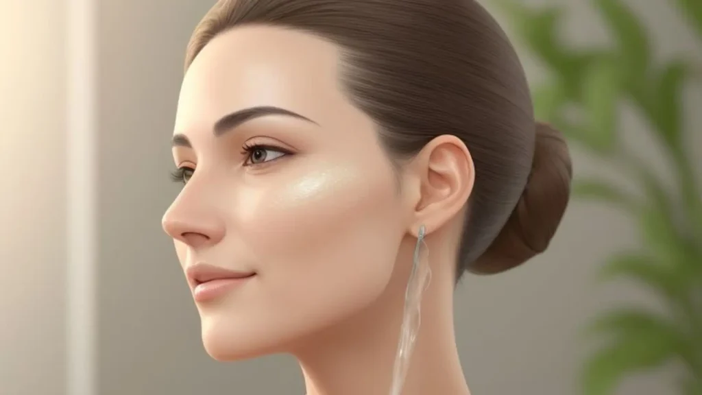 A close-up of a woman’s lower face, focusing on a firm, youthful jawline with smooth, radiant skin. The background features soft natural elements, such as green plants or a calm, spa-like setting, hinting at natural remedies and self-care. Lighting is soft and warm, enhancing the contours of the jawline and creating a sense of health and rejuvenation. The image evokes relaxation and vitality, subtly highlighting the theme of non-invasive beauty solutions.